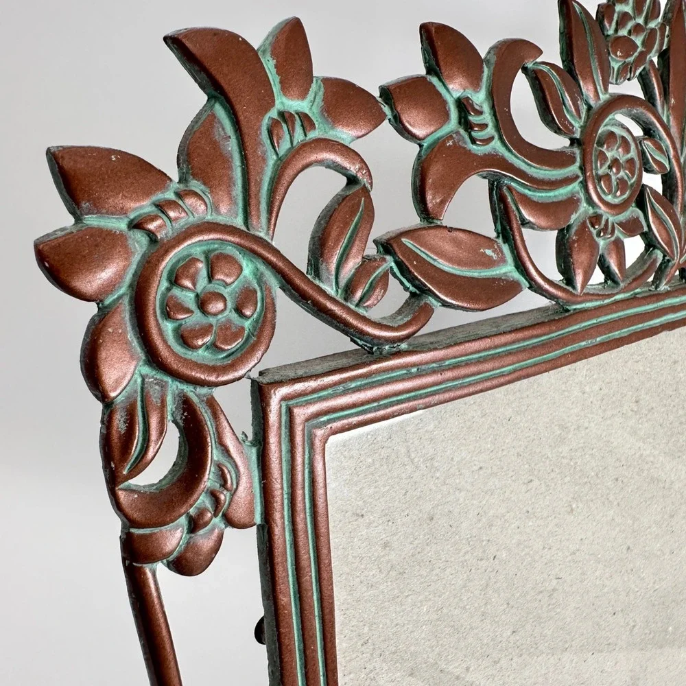 Vtg 8x10 Floral Cast Metal Picture Frame Copper Tone Turquoise Verdigris Photo